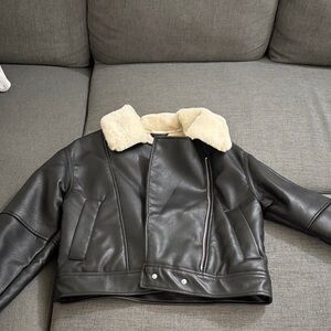Abercrombie & Fitch Black Leather Jacket with Cream Collar